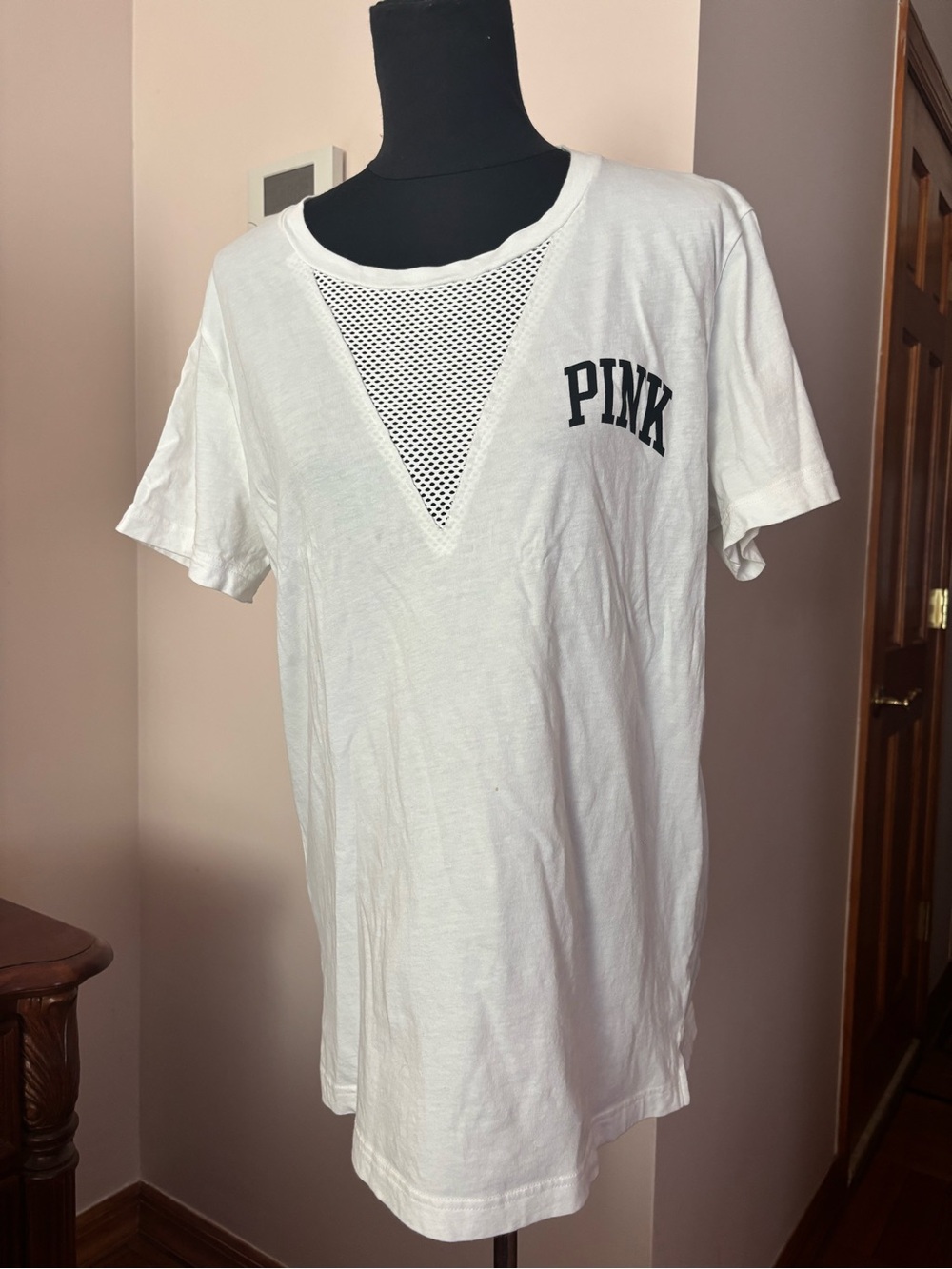 PINK Victoria's Secret White Short Sleeve Tee with Mesh V-Inset